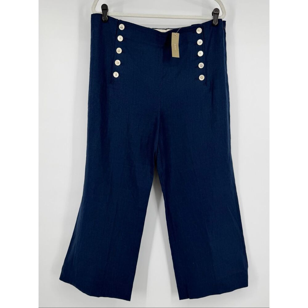 NWT J.Crew Navy Blue Linen Sailor Button Front Wide Leg Crop Pant Size 16 Preppy
